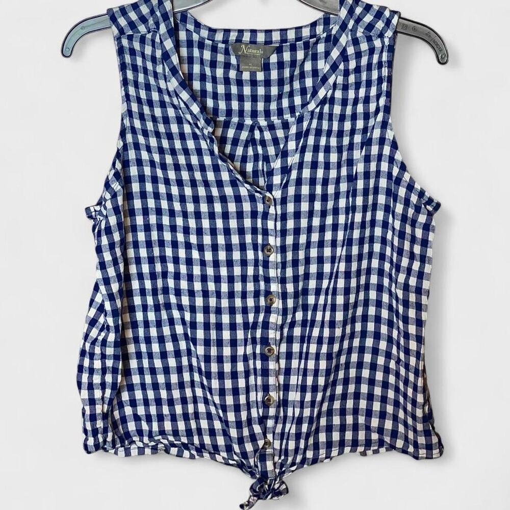 Natural Reflections Navy Blue Gingham Plaid Button Down Sleeveless Top - Size XL